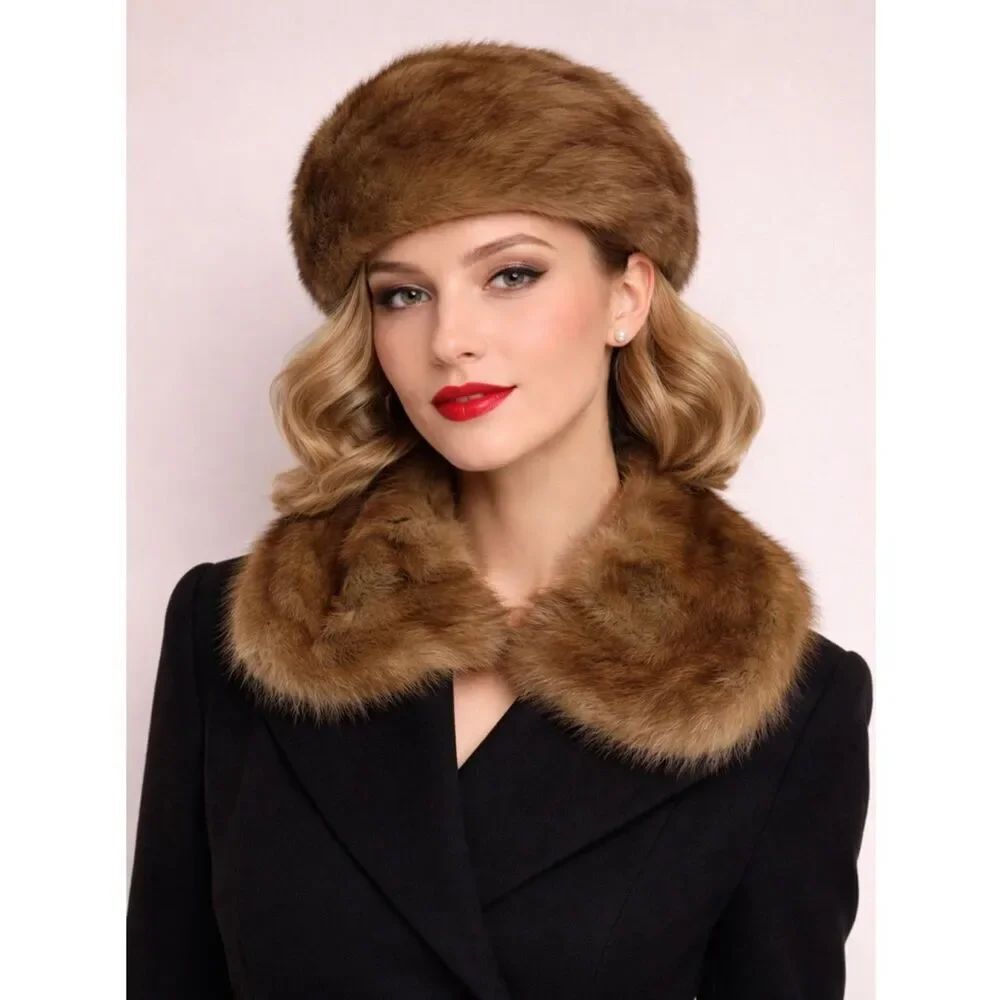 Vintage Brown Fur Collar and Hat Set